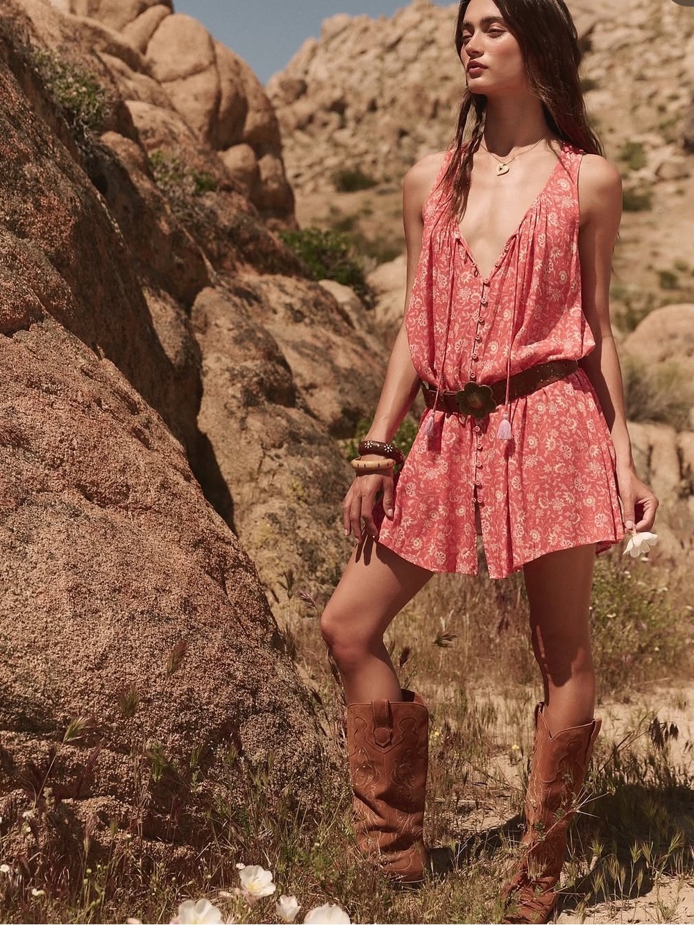 Spell Coral Pink Floral Tassel Slip Dress